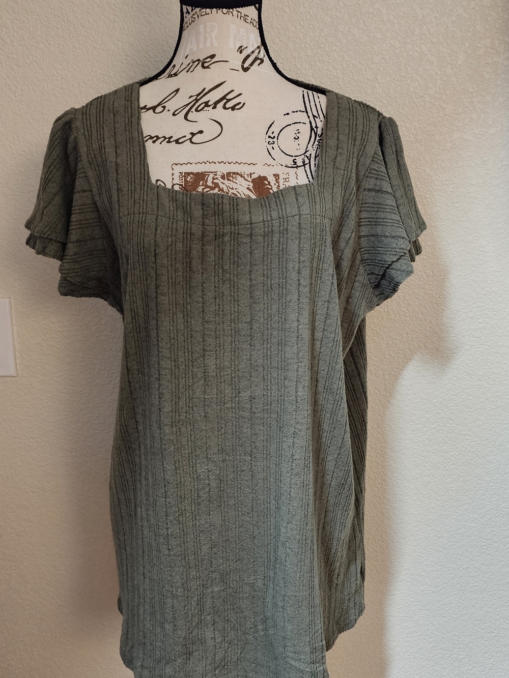 Square Neck Olive Green Flutter Sleeve Top - Picture 2 of 9